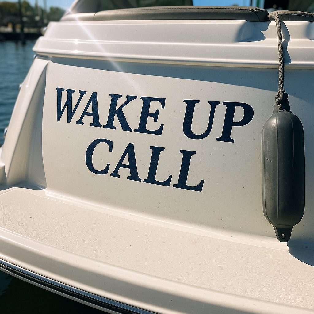 Bowrider stern with 'Wake Up Call' decal