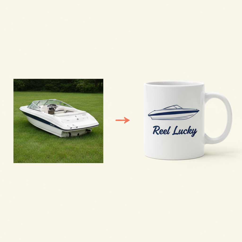 Boat photo transforming into a mug with boat illustration and name