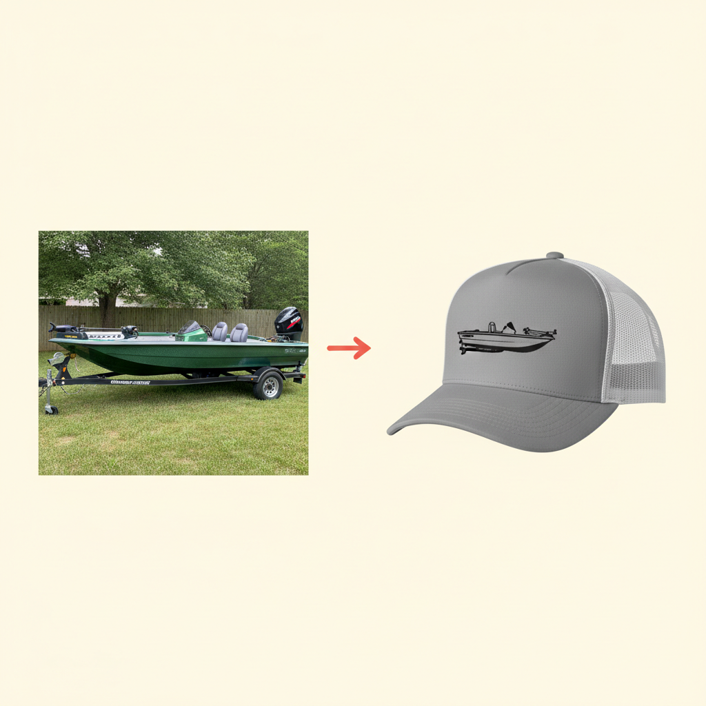 Boat photo transforming into a hat with stenciled boat illustration