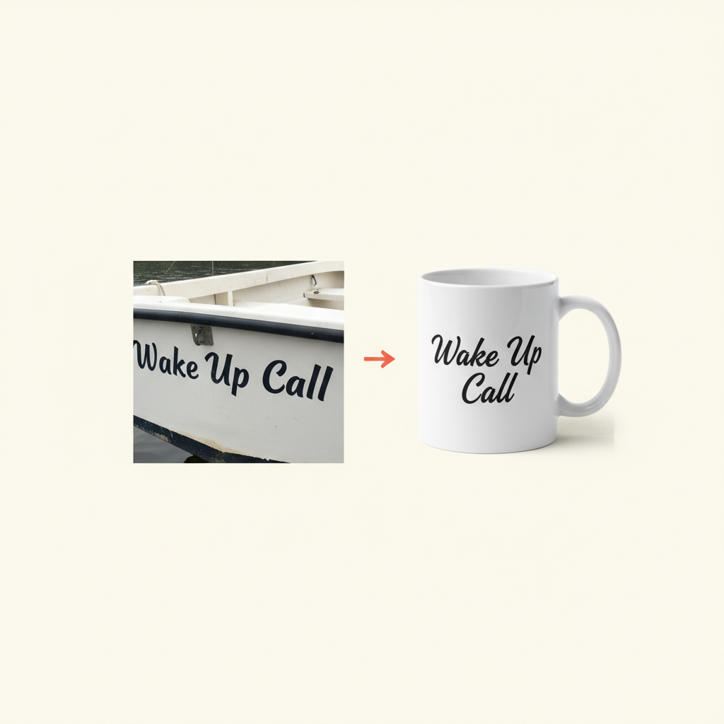 Wake Up Call logo on boat transforming into Wake Up Call logo on a mug
