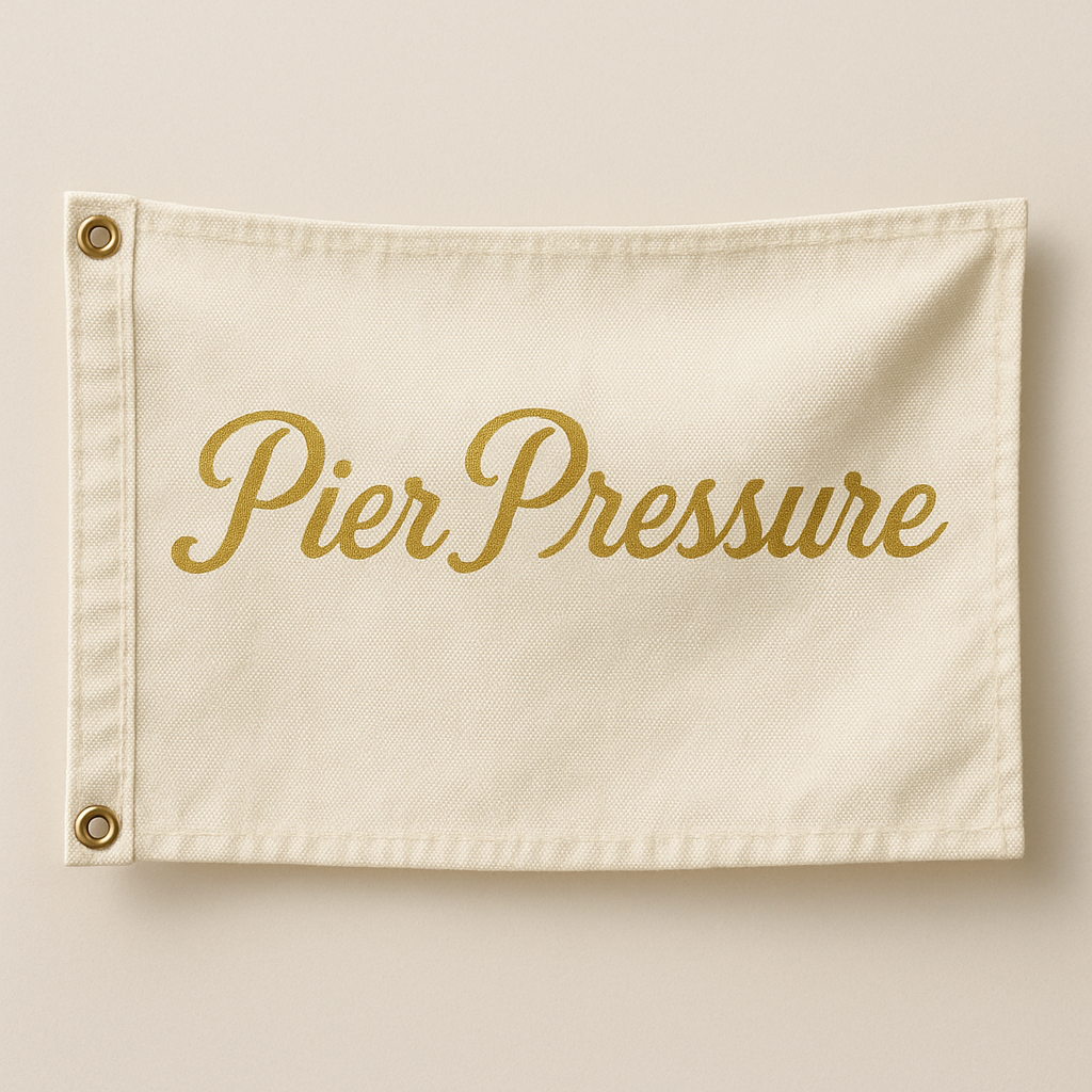 Double-sided boat flag printed with 'Pier Pressure' design
