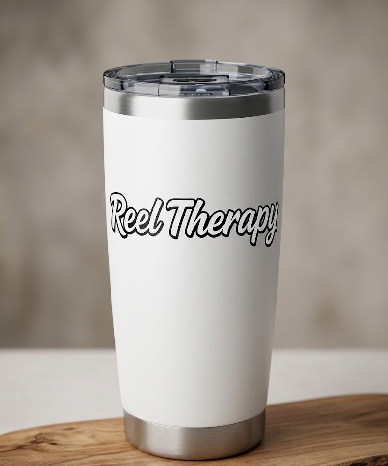 20oz tumbler with 'Reel Therapy' wordmark print