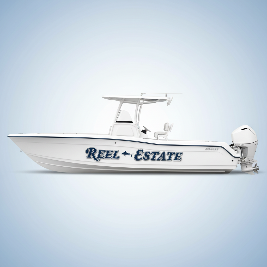 A real boat with a Reel Estate vinyl decal applied to the hull — example of how the decal looks in use